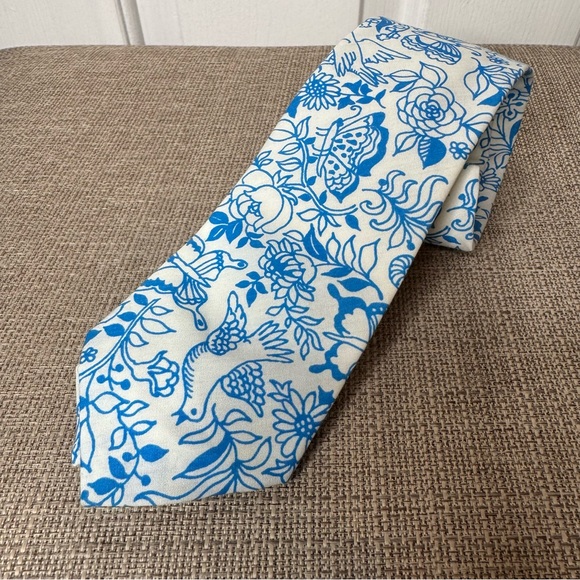 Lilly Pulitzer Blue and White Bird Floral Tie Vintage Palm Beach Men’s - Picture 5 of 5